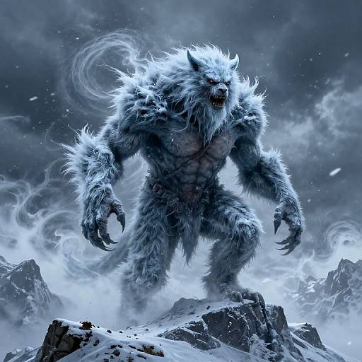 Digital artwork of a fierce, blue-tinged, three-headed werewolf with glowing eyes and sharp claws, standing on a snow-covered mountain peak under