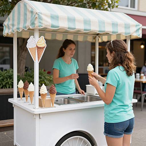 Photograph of two women in blue shirts and denim shorts, standing at an ice cream truck with striped awning, holding cones.