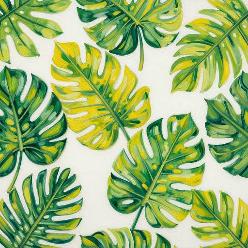 Watercolor-style illustration of green and yellow monstera leaves, overlapping on a white background, creating a vibrant, tropical pattern.