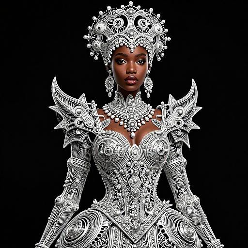 Digital art of a dark-skinned woman with intricate white, ornate, tribal-inspired armor and headpiece, set against a black background.