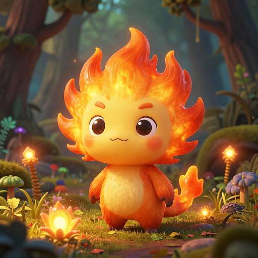 Whimsical Orange Flame Creature in Fantasy Forest