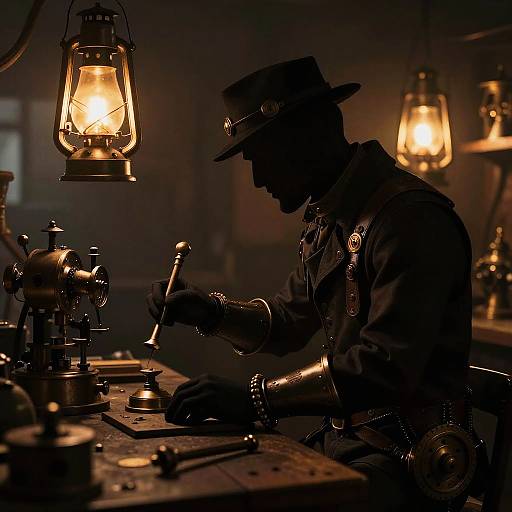 Steampunk Inventor Silhouette in Workshop