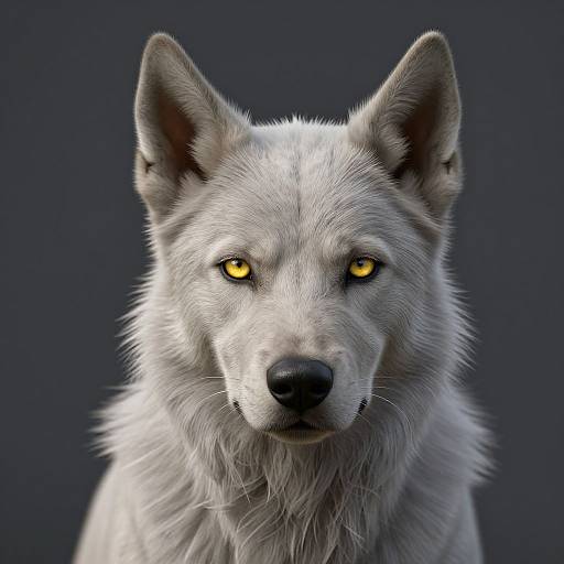 Photorealistic CGI image of a grey wolf with striking yellow eyes, detailed fur, and a focused expression against a dark blue background.