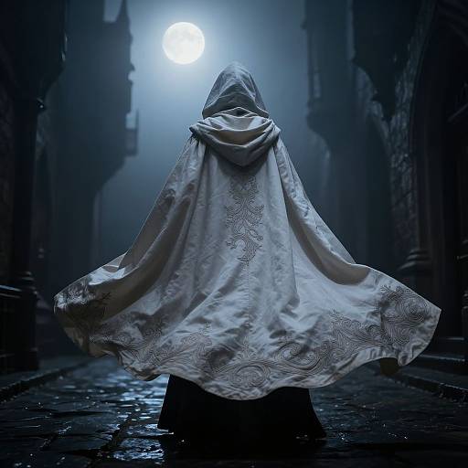 Mysterious figure in white, intricately patterned hooded cloak, stands in foggy, moonlit alley with cobblestone street, shadows cast