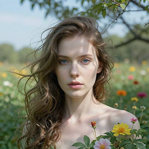 Photograph of a fair-skinned, blue-eyed young woman with wavy brown hair, standing in a sunlit meadow of colorful flowers.