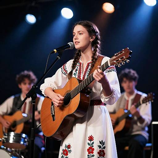 Woman in Traditional Dress Playing Guitar on Stage