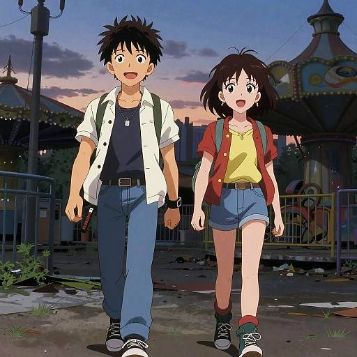 Anime-style drawing of a young couple walking at dusk in an amusement park; boy in white shirt, blue jeans, girl in red jacket, yellow shirt