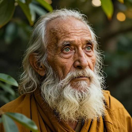 Photograph of an elderly man with a long, white beard and mustache, green eyes, wearing an orange robe, surrounded by green leaves in a