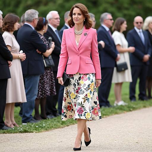 Photograph of a woman in a pink blazer and floral skirt, walking confidently in front of a group of formally dressed people.