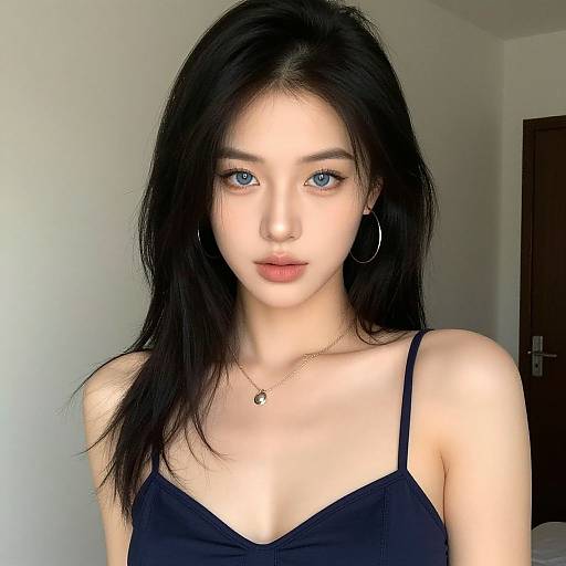 Photograph of a young, fair-skinned woman with long black hair, blue eyes, wearing a black spaghetti-strap top, hoop earrings, and