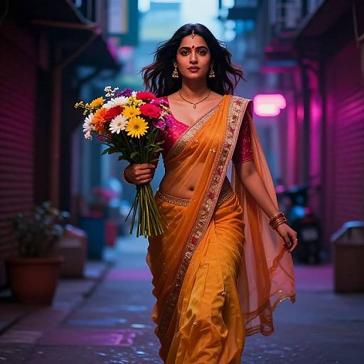 Photograph of a confident Indian woman in an orange saree, holding a bouquet of colorful flowers, walking down a neon-lit, narrow alley at