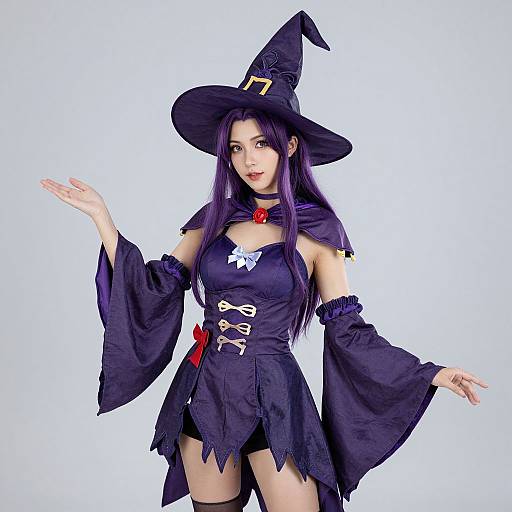 Photograph of a woman in a black witch costume with wide sleeves, hat, red bow, and white trim, against a plain white background.