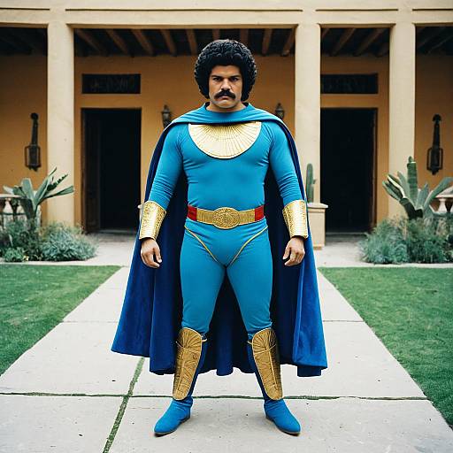 Photograph of a man with curly black hair and mustache, dressed as a superhero in blue costume with gold accents and cape, standing on a concrete