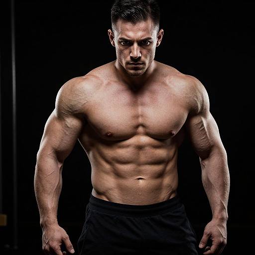 Photograph of a muscular, shirtless man with defined abs and biceps, dark hair, intense expression, wearing black pants, against a black background