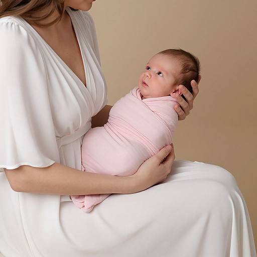 Photograph of a woman in a white dress holding a swaddled, pink-clothing baby, both against a beige background. Baby gazes