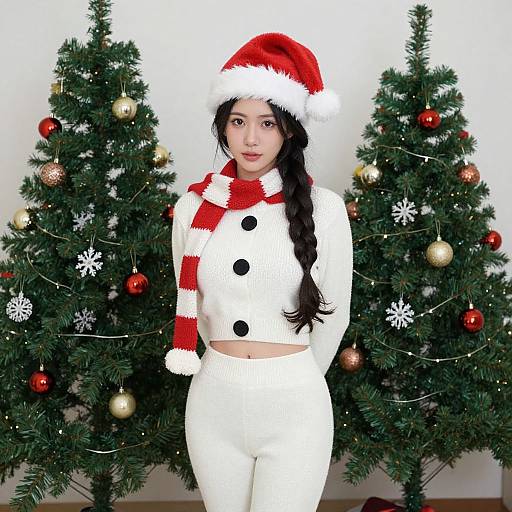 Photograph of an Asian woman with long black hair in a braid, wearing a Santa hat, red scarf, white crop top, and white pants