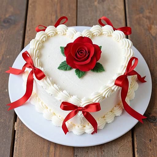 Photograph of a round, white-frosted cake with red rose on top, red ribbon bows, on a white plate, on a wooden table