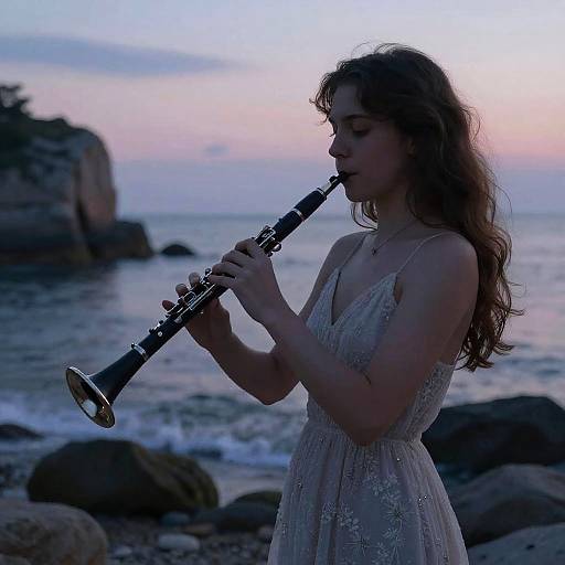 Woman Playing Clarinet by Rocky Shore at Twilight