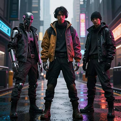 Photograph-style CGI: Three men in dark, rain-soaked urban street, neon lights, cyberpunk style. Central man in brown jacket, fl
