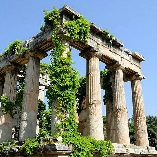 Photograph of ancient, weathered stone columns with vibrant green ivy climbing up, set against a clear blue sky. Ruins partially covered in nature