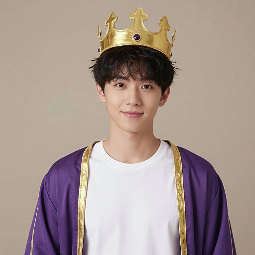 Photograph of an Asian teenage boy with black hair, wearing a gold crown, white shirt, and purple robe with gold trim, smiling against a plain