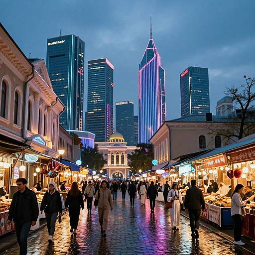 Photograph of a vibrant, illuminated evening market in a city with modern skyscrapers, bustling with shoppers on a wet, reflective cobblestone street