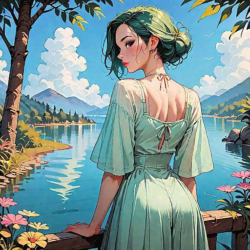 Woman in Green Dress by Lake