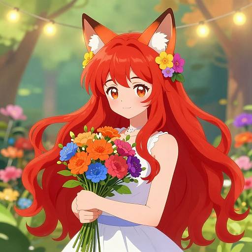 Anime-style digital drawing of a red-haired girl with fox ears, holding a colorful flower bouquet in a sunlit forest.