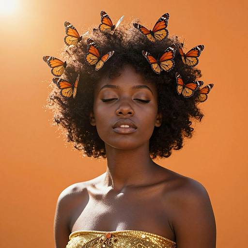 Photograph of a beautiful Black woman with a natural afro, adorned with orange monarch butterflies, wearing a golden strapless top, set against a vibrant