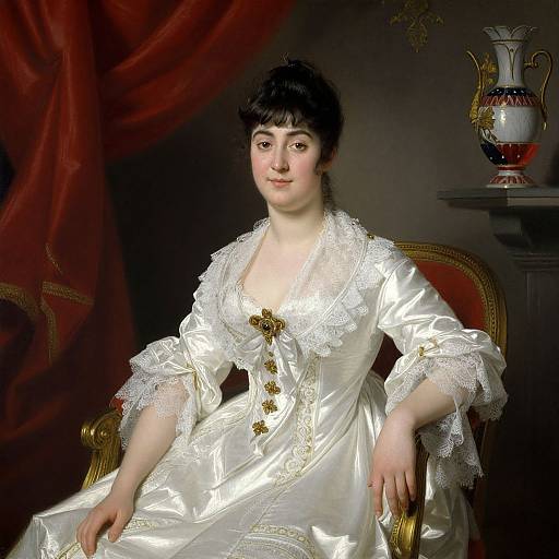 Photograph of a pale-skinned, dark-haired woman in a white, lace-trimmed, Victorian dress, seated on an ornate chair,