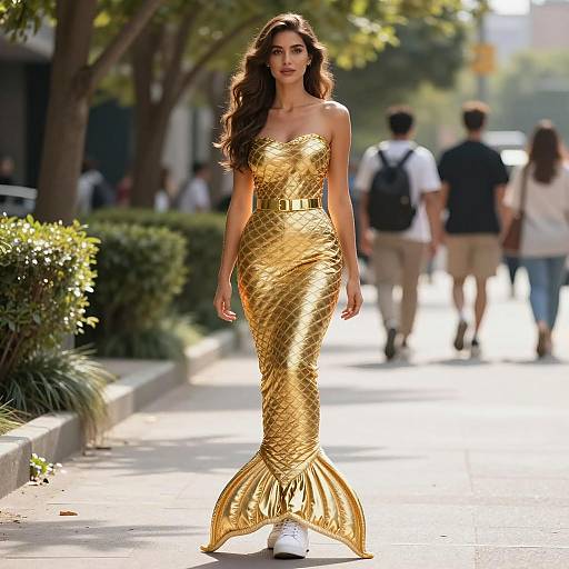 Woman in Gold Mermaid Dress on Urban Sidewalk