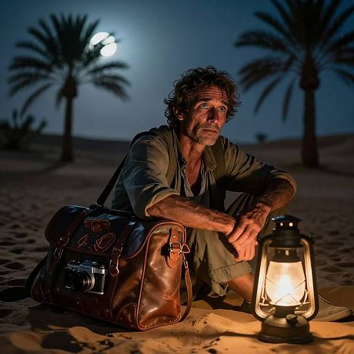 Photograph of a rugged, curly-haired man in a desert at night, illuminated by a lantern, with palm trees and moon in background. Wearing