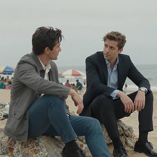 Two men conversing on rocky beach