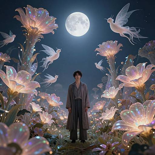 Photograph of a man in a long, gray robe standing in a magical, moonlit field of glowing, iridescent flowers surrounded by ethereal