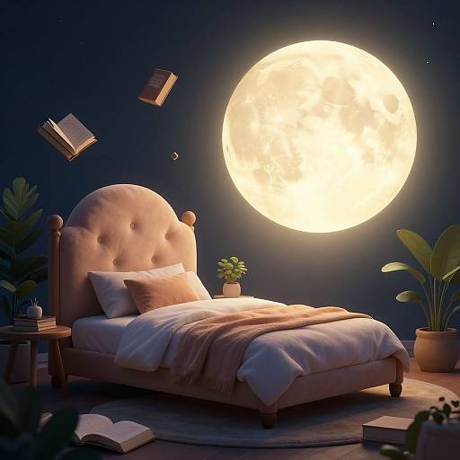 Digital artwork: Cozy pink-tufted bed with white blankets under a giant, glowing full moon. Floating books, potted plants, and books
