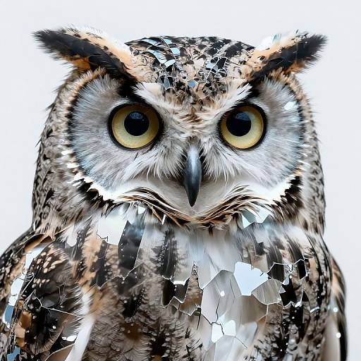 Digital art of a realistic owl with large yellow eyes, brown and white feather pattern, and a shattered, fragmented texture overlay.