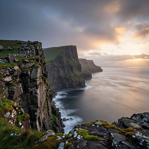 Photograph of a dramatic coastal cliff at sunset, with dark rocky cliffs, green grass, and misty ocean waves under a cloudy sky.
