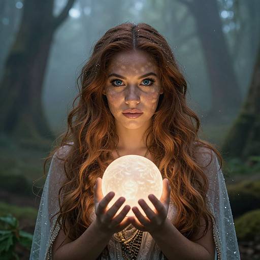 Photorealistic digital art of a red-haired woman with blue eyes, holding a glowing moon in a misty forest, wearing a translucent veil.
