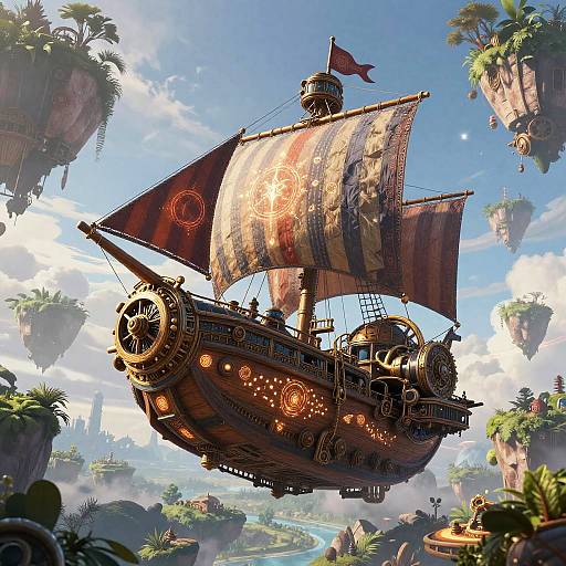Fantasy Airship Above Floating Islands