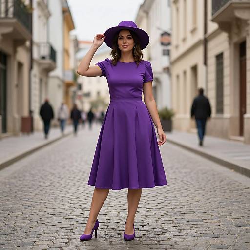 Photograph of a woman in a vibrant purple dress and matching hat, standing on a cobblestone street, with blurred pedestrians in the background. Urban