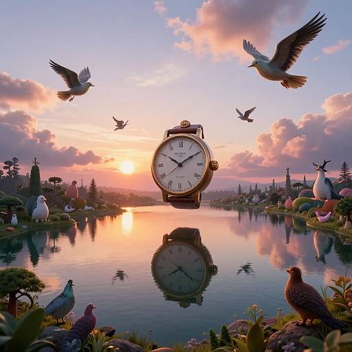 Surreal Dreamscape with Floating Timepiece