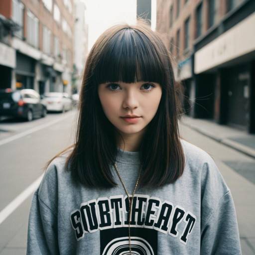 Young Woman with Full Bangs in Casual Streetwear