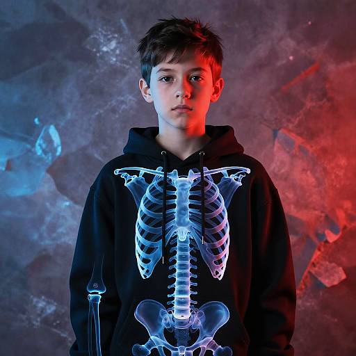 Photograph of a young boy with short brown hair, wearing a black hoodie with glowing blue skeletal print, against a textured gray background with red and blue