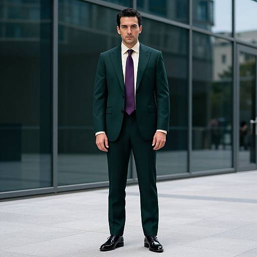 Photograph of a serious, dark-haired man in a black suit, white shirt, and purple tie, standing on a bright, reflective urban sidewalk in