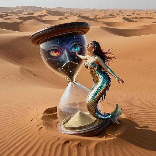 Mermaid with iridescent scales and long black hair touches giant hourglass in desert, with sand dunes stretching into the background. Digital art.