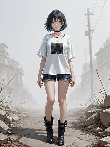 Digital anime-style drawing of a black-haired girl in a white shirt, black shorts, and boots, standing on a ruined, foggy street.