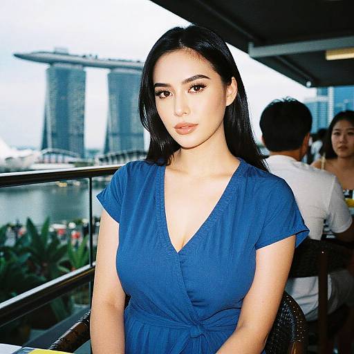Photograph of an Asian woman with long black hair, wearing a blue V-neck dress, sitting indoors near a glass railing, with blurred people and city