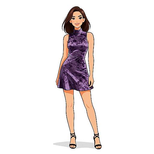 Digital illustration of a smiling woman with shoulder-length brown hair, wearing a sleeveless, purple satin dress and black strappy heels.