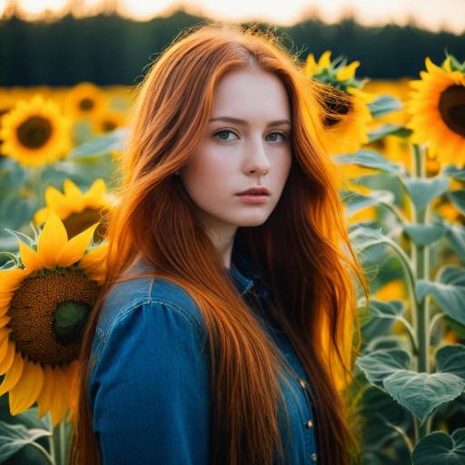 Redhead Woman in Sunflower Field