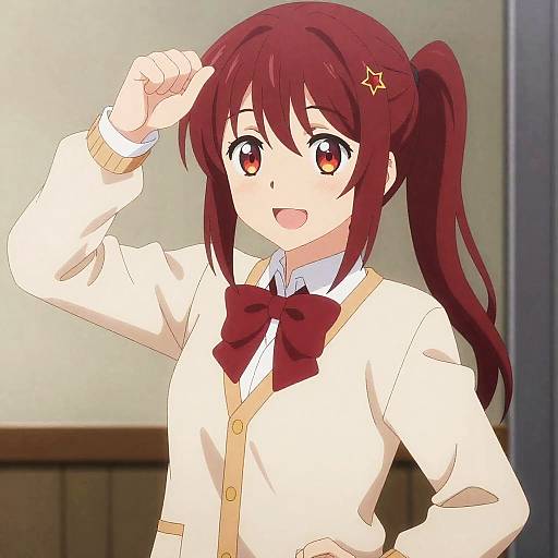 Anime School Girl with Red Hair in Cheerful Pose